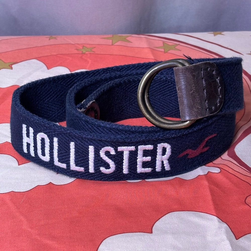 Y2K Hollister Navy Blue Canvas D-Ring Belt Logo Embroidered Weave 45in Vintage